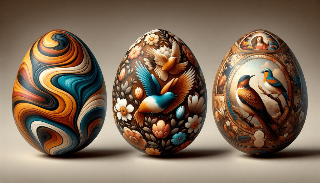 DALL·E 2023-11-22 11.05.05 - Three additional variations of decorative Easter eggs, each showcasing distinct artistic styles. The first egg is designed with a modern, abstract art.png
