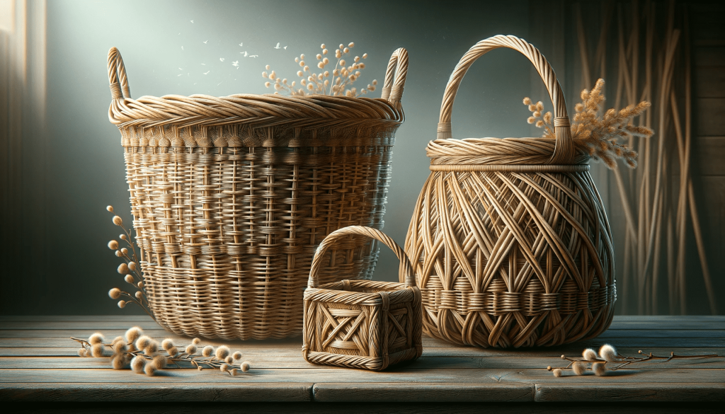 DALL·E 2023-11-22 11.48.54 - Create three more ultra-realistic 4K images of intricately handcrafted willow baskets. The first basket should be a tall, cylindrical shape with a fin.png