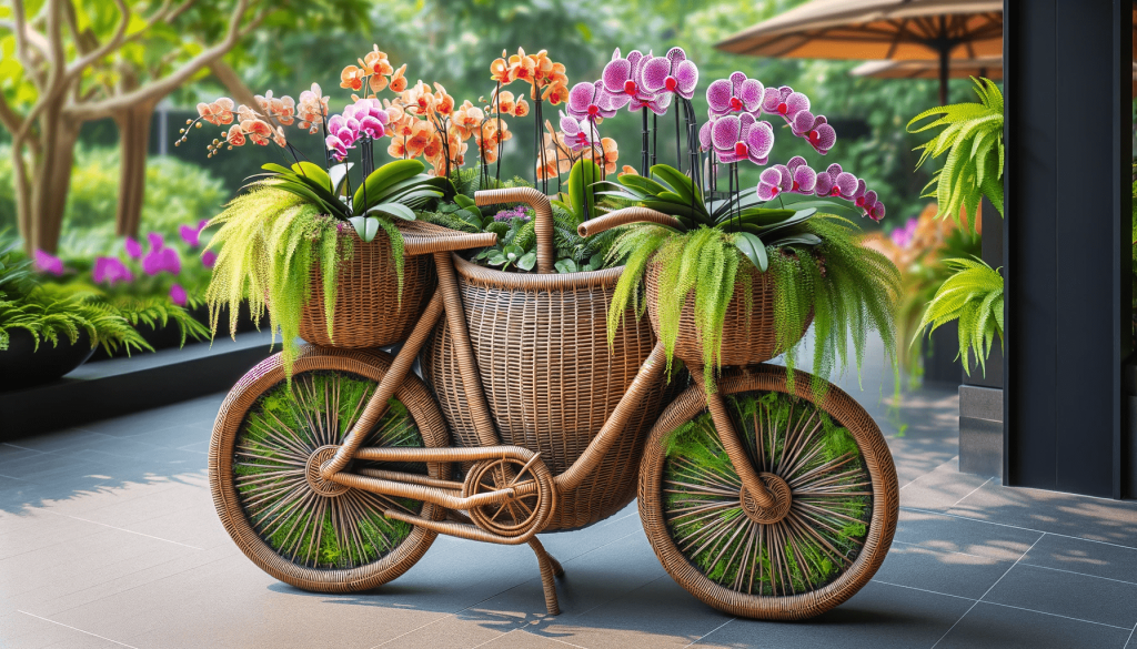 DALL·E 2023-11-22 14.19.43 - An ultra-realistic image of a woven bicycle planter filled with stunning orchids and ferns. The bicycle's woven structure is depicted with impressive sampack .png