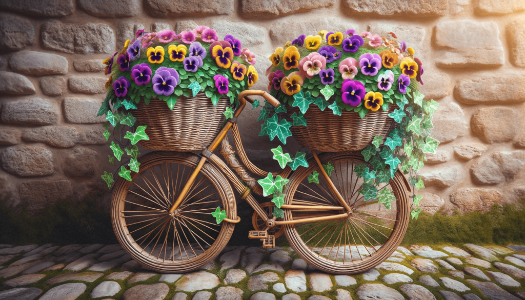 DALL·E 2023-11-22 14.19.07 - An ultra-realistic image of a woven bicycle planter filled with a mix of vibrant pansies and ivy. The detailed weaving of the bicycle planter is caref sampack.png
