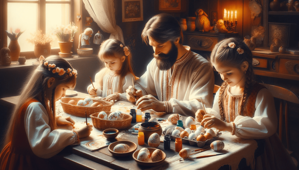 DALL·E 2023-11-22 11.10.02 - A Slavic family engaging in the traditional activity of decorating Easter eggs. The scene includes a father, mother, and two children, all with Slavic (1).png