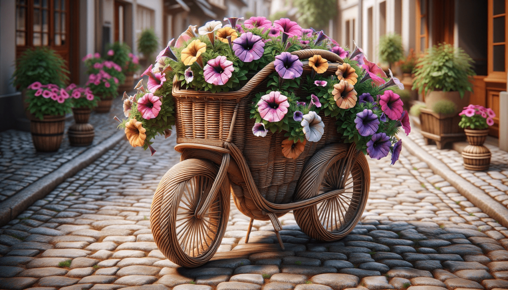 DALL·E 2023-11-22 14.15.31 - An ultra-realistic image of a woven bicycle planter filled with an assortment of vibrant petunias. The intricate weaving of the bicycle planter is hig.png