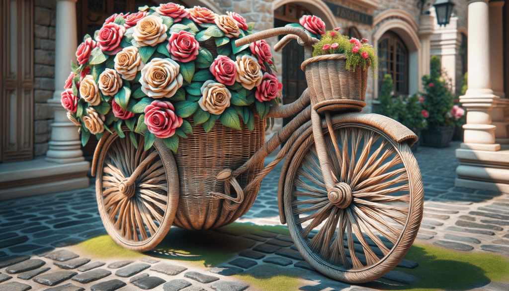 DALL·E 2023-11-22 14.12.39 - An ultra-realistic image showcasing a woven bicycle planter adorned with vibrant roses and greenery. The woven texture of the bicycle is intricately d.png