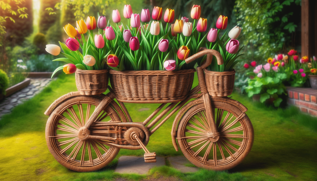 DALL·E 2023-11-22 14.11.46 - An ultra-realistic image of a woven bicycle planter filled with colorful tulips. The bicycle is intricately woven, displaying detailed craftsmanship, .png