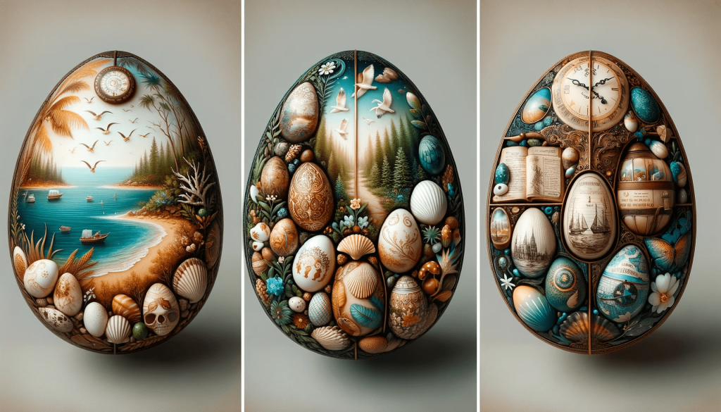 DALL·E 2023-11-22 11.07.42 - A collection of three different images, each showcasing a set of three decorative Easter eggs with unique themes. The first image features eggs with a.png