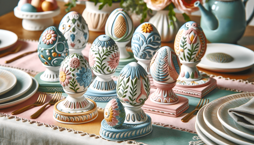 DALL·E 2023-11-23 08.52.56 - A set of decorative egg stands, each with a unique design, made of ceramic and painted in bright Easter colors. The stands are displayed on a table wi.png