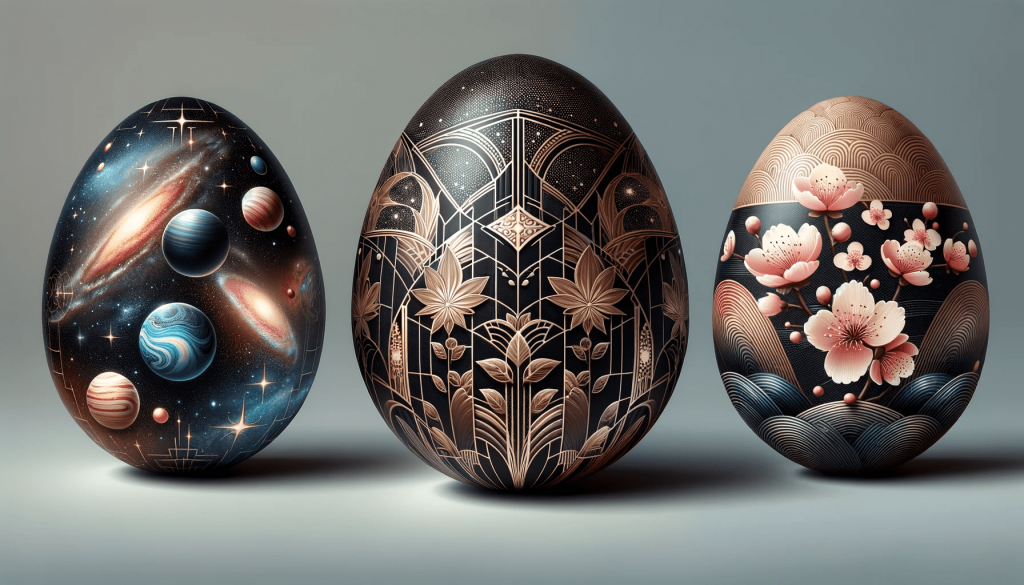 DALL·E 2023-11-22 11.06.43 - Three distinctive designs of decorative Easter eggs. The first egg features a cosmic theme with stars, planets, and nebulae in a dark, space-like back.png