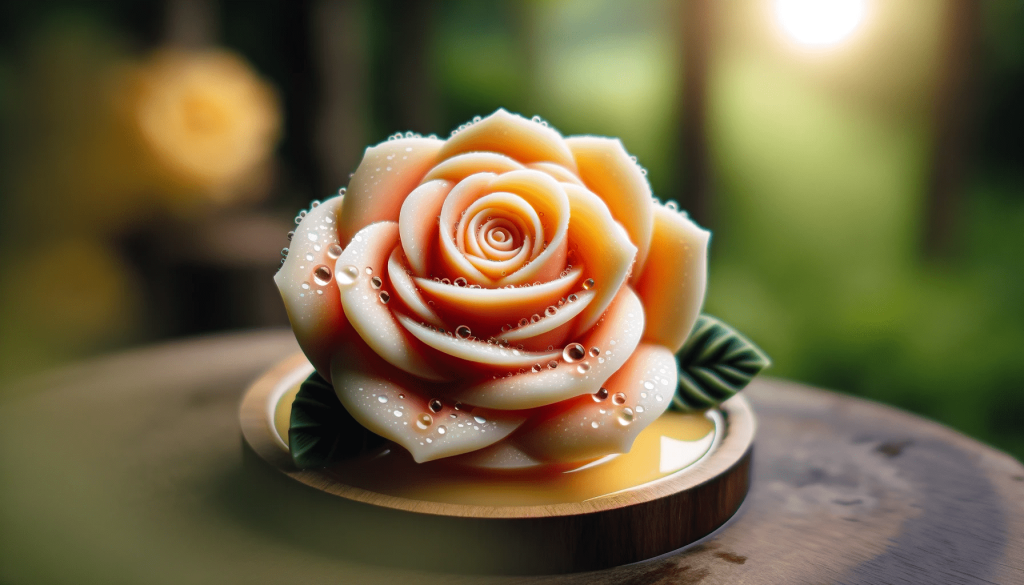 DALL·E 2023-11-23 09.16.33 - Close-up view of a single, elegantly crafted soap rose with dew drops on its petals, set against a blurred background. The soap rose is vividly colore.png