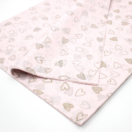 Бумага тишью Сердца абстракция золото на розовом 50*70 20л Бумага тишью с рисунком 50*70 