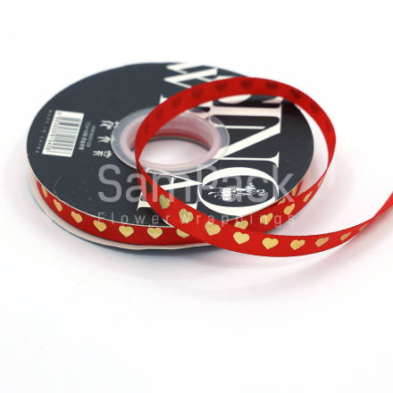 Лента атлас "Золотые сердца" красный  10mm*40y Лента атлас "Золотые сердца"  10mm*40y