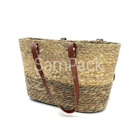 Корзина плет (рогоз.) Сумочка кож.ручки натур/выбелен.арт.6596  Корзины из рогоза