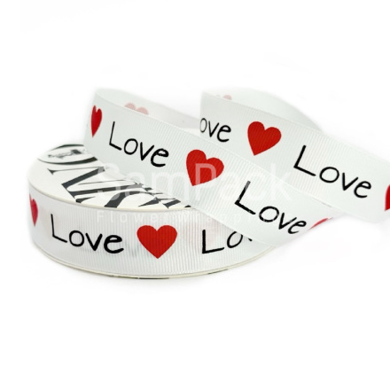 Лента репс. "LOVE"  белый 2,5cm*20y Лента репсовая с принтом
