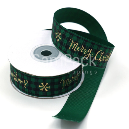 Лента репс "Merry Christmas" клетка зеленый 2,5см*10 ярд Новый год 