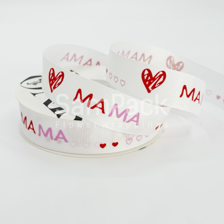 Лента репс. "Мама"  белый №111 2,5cm*20y Лента репсовая с принтом